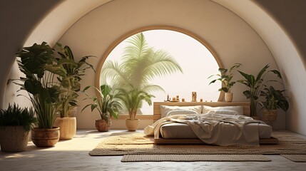 Bohemian style bedroom interior design with lush green indoor plants and cozy atmosphere