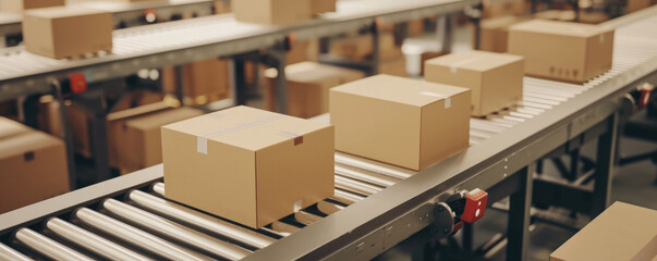 Box packages moving along a conveyor belt in a warehouse fulfillment center, E-commerce, delivery, automation and products, wide shot, modern warehouse distribution, Generative AI