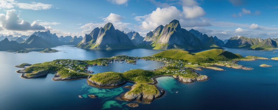 Aerial view of Landscape of Lofoten Island, Norway, summer, Generative AI