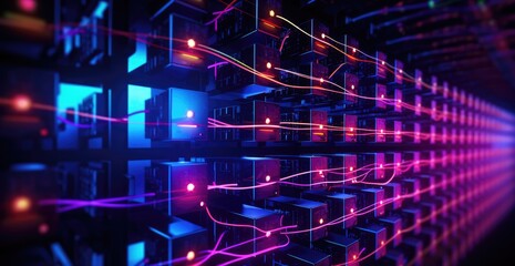 Red Purple blue yellow Network of connections in servers, data storage systems in data centers optic fiber electrical cables wires neon waves lines abstract blockchain - obrazy, fototapety, plakaty