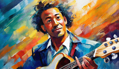 oil painting of musician with guitar - obrazy, fototapety, plakaty