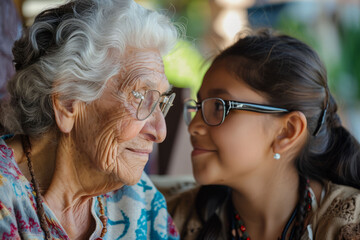 A portrait of woman sharing stories and wisdom with younger woman. - obrazy, fototapety, plakaty