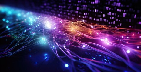 Fototapeta premium Red Purple blue yellow Network of connections in servers, data storage systems in data centers optic fiber electrical cables wires neon waves lines abstract blockchain