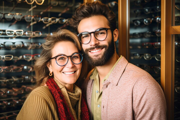 Mother and son smiling with new glasses in an optician