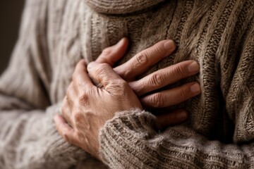 The man in the sweater clutched his chest in pain, heartache. The concept of cardiovascular diseases such as heart attack, arrhythmia, thrombosis and many others, health and medicine - obrazy, fototapety, plakaty