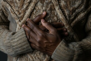 Fototapeta premium A black man in a sweater clutched his chest in pain, heartache. The concept of cardiovascular diseases such as heart attack, arrhythmia, thrombosis and many others, health and medicine