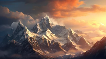 Foto op Canvas Snowy rocky mountain peak wallpaper, hiker adventure, evening light cloudy sky background. © Muamanah