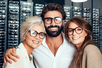 Satisfied man specialist embracing glad in glasses in optical store