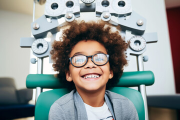 Little boy with glasses doing an eye check