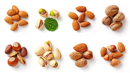 Set of raw nuts, hazelnuts, almonds, pistachio on a white background