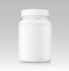 Plastic bottle mockup for sports nutrition. Vector illustration isolated on grey background. Can be use for template your design, presentation, promo, ad. EPS10.