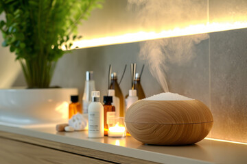 A diffuser spreading fragrant mist in a tranquil bathroom, with sea salt scrubs and essential oil bottles neatly arranged on a wooden shelf, capturing - obrazy, fototapety, plakaty
