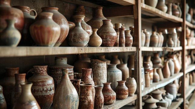 Rows of pottery goods on shelves in a ceramic workshop studio