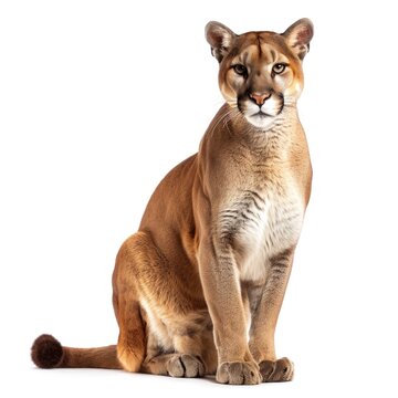 Puma mountain lion in natural pose isolated on white background, photo realistic