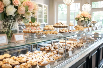 A glass bakery case filled with freshly baked cookies, cupcakes, and sweet treats, accented by floral arrangements and decorative signage. © mihrzn