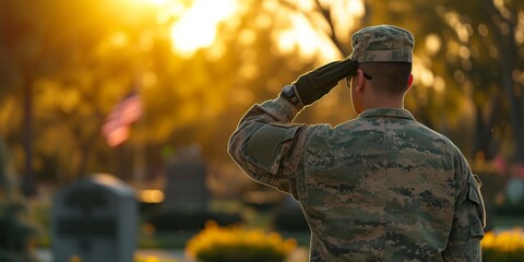 American soldier stands and saluting at a memorial - obrazy, fototapety, plakaty