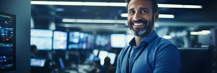 Fototapeta na wymiar Confident Professional Man Smiling in High-tech Network Operations Center Looking at Camera