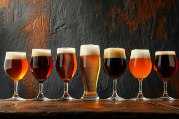 Assorted Beers Displayed in a Row of Glasses