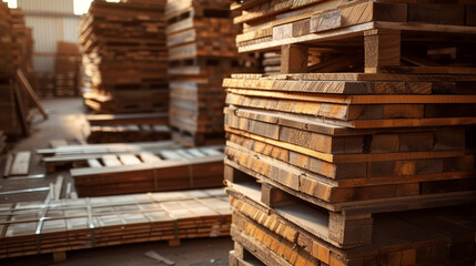 Stacks of treated wood flooring in factory