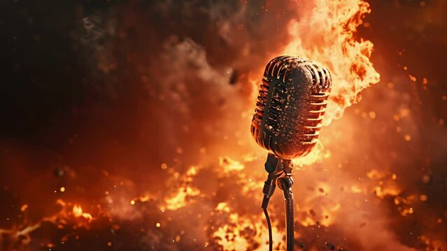 A powerful image of a blazing microphone stand captures the ferocity and fervor of the singers performance engulfed in a sea of flames.