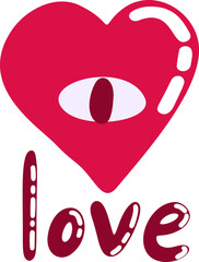Love word hand drawn lettering with cute heart with eye