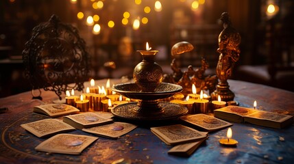 Fototapeta na wymiar Blurred altar with defocused tarot card, pendulum, and burning candles during spiritual session