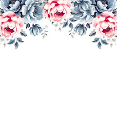 Watercolor floral BORDER / FRAME PNG with transparent background with pink and blue flowers
