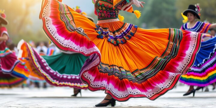 Multi Colored skirts fly during traditional Mexican