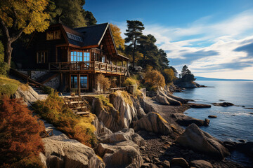 Vintage luxury wooden villa on a rocky seashore. Luxury vacation concept.