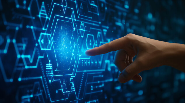 Hand Finger Pointing At A Blue Technology Screen With Geometrical Abstract Shapes, Future Business Technology Virtual Reality VR Augment Reality AR Interface Concept