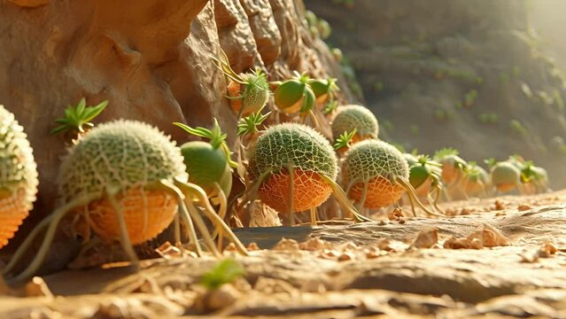 Cartoon animation A group of determined gs scaling the rugged sides of the Cantaloupe Cliffs using their tiny tendrils to hold onto the py surface.
