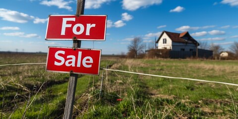 Sale of land. Country plot with the sign For Sale.