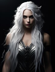 Dark Elf Female Warrior with Long White Hair - Fantasy 3D Rendering Portrait