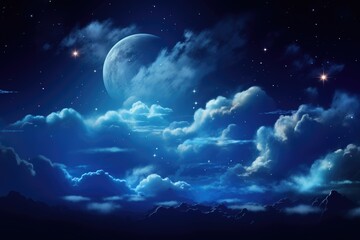 Fototapeta na wymiar Big Moon against the Dark Night Sky with Stars and Clouds. Full Moon Illuminates the Blue Cloudy
