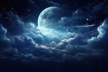 Naklejka na ściany i meble Big Moon Illuminating Blue Sky and Night, Surrounded by Clouds and Stars