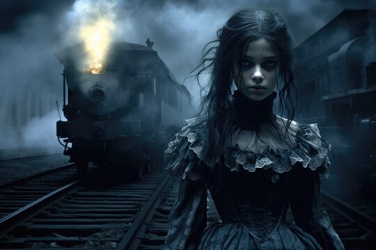Beauty and Cruelty of the Ghost Train. Victorian Era Girl and Woman overcome their Anxiety 