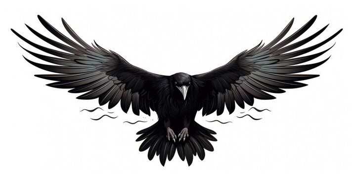Black Raven Takes Flight: A Hand-Drawn Silhouette of a Flying Bird with Feathery Wings on a White