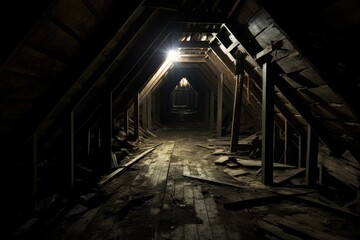 Decadence and Decay in the Creepy Abandoned Attic: Haunted and Dark Corridors with Ancient - obrazy, fototapety, plakaty