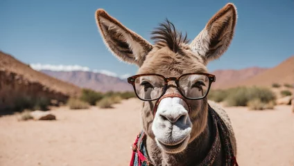 Zelfklevend Fotobehang Lama A small donkey wearing glasses 