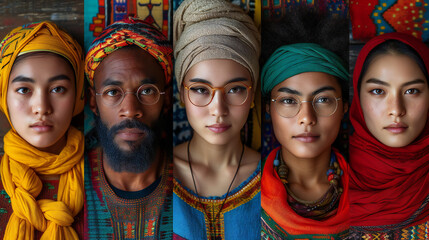 Group of multiracial muslim people in traditional clothes and eyeglasses display of Cultural Fashion and Artistry