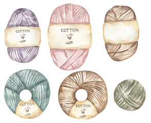 Hand-drawn watercolor knitting yarn ball elements illustration set. Yarn balls clipart, crafts and Hobbies  clip arts, graphic needles