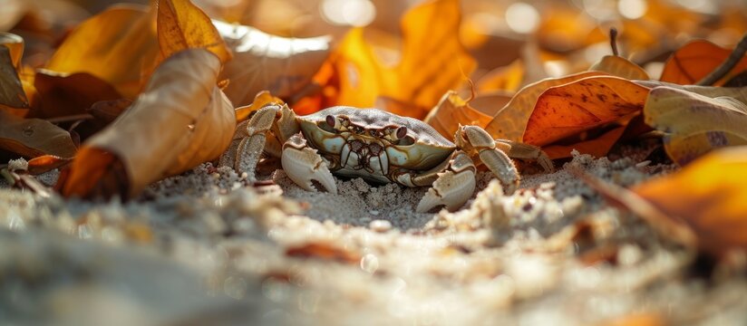 Close up photo of a shell-hidden crab amidst sand and leaves.