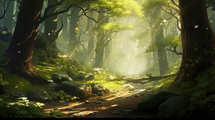 View of a dense forest with green trees and a dirt road. Morning sun rays scene.