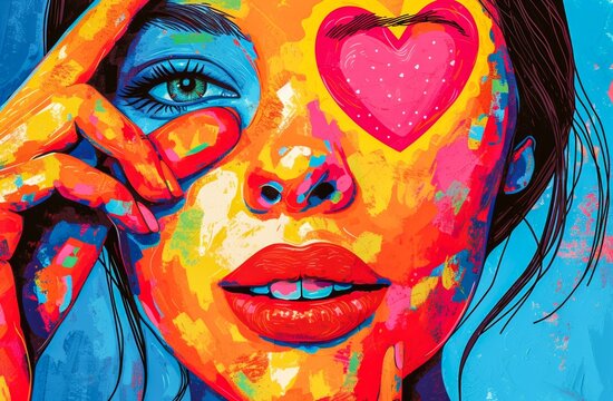 An eclectic self-portrait emerges, adorned with vibrant acrylic strokes and intricate details, showcasing the artist's mastery of modern art through her skillful painting and drawing of the human fac
