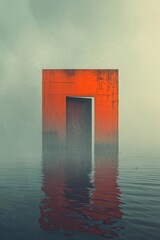 A red door emerges from the still waters of the lake, its reflection distorted by the thick fog and the ever-changing sky above