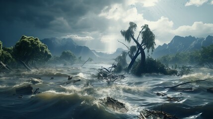 Natural landscape with heavy flood. Climate change and natural disasters concept.