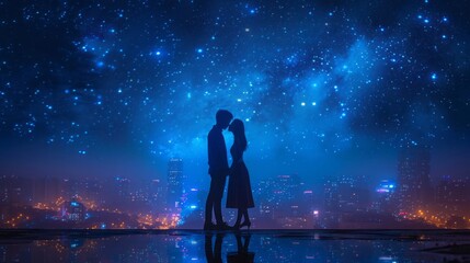 Fototapeta premium Lovers man and girl against background night city, night starry sky and horizon.