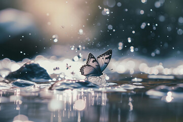 Motyl stykający się z taflą wody, motyl na wodzie - obrazy, fototapety, plakaty