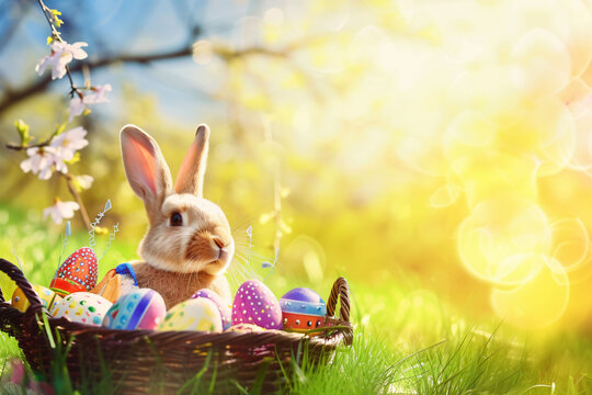 Kr&oacute;liczek wielkanocny z koszyczkiem wypełniony kolorowymi jajkami wielkanocnymi