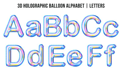 3D Holographic Balloon alphabet letters a b c d e f. This is a part of a set which also includes numbers, punctuation marks and symbols.